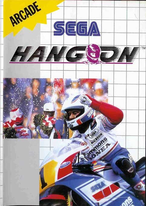 Portada del videojuego Hang On. En ella se ve la fotografía de un motorista alzando el puño en señal de victoria.