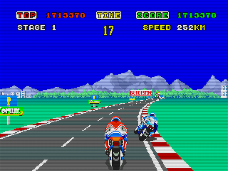 Captura del juego Hang-On de arcade. En ella una moto intenta adelantar a otra en carretera.