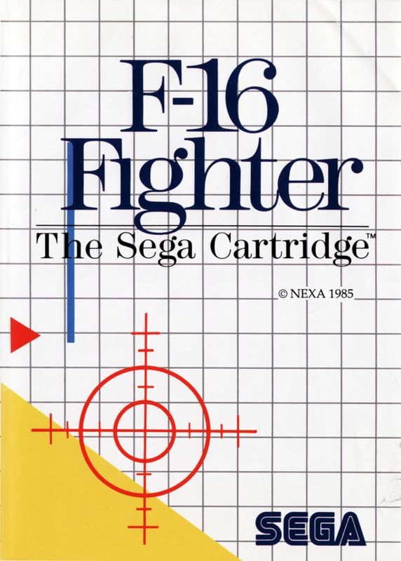 Portada del videojuego F-16 Fighter. En ella se ve un punto de mira de color rojo sobre un triángulo amarillo que representa el suelo. A su izquierda hay un triángulo rojo que representa un avión enemigo en un radar.