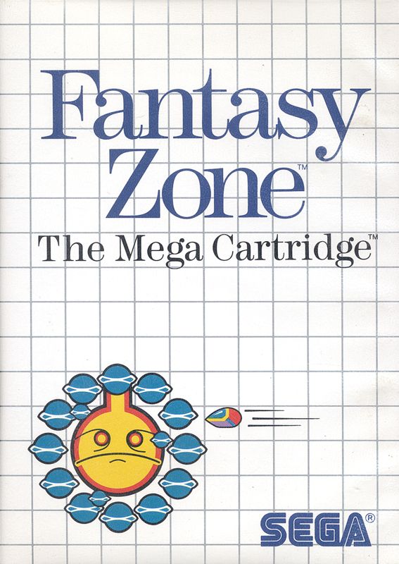 Portada del videojuego Fantasy Zone. En ella vemos una nave de color rojo y verde acercarse por la derecha a lo que parece un sol enfadado rodeado de bolas azules.