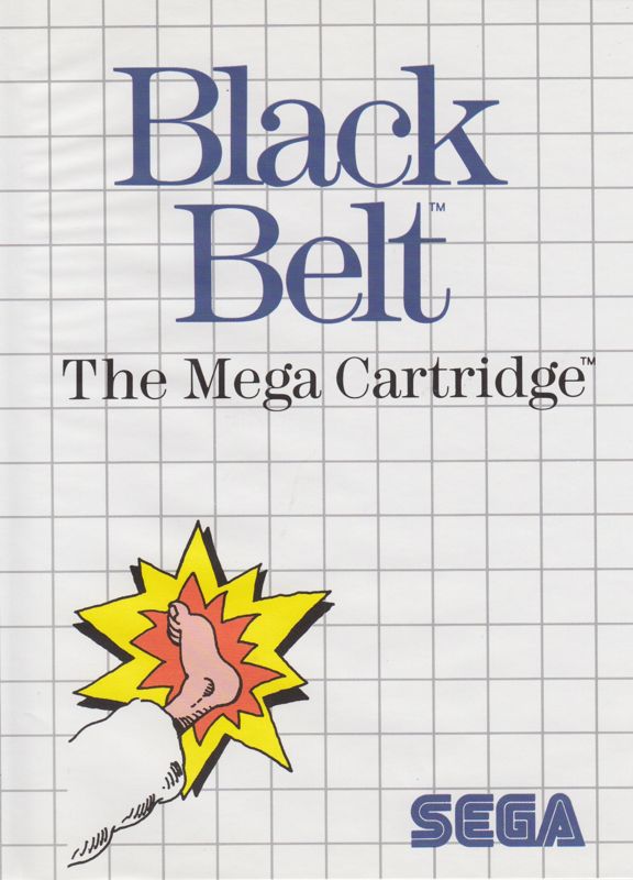 Portada del videojuego Black Belt: En ella vemos el título en grandes letras azules. En la parte inferior izquierda se ve un pié golpeando lo que parece una explosión.