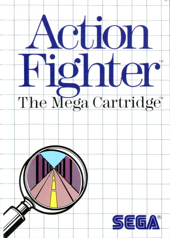 Portada del videojuego Action Fighter. En ella se ve el título en grandes letras azules. Abajo a la izquierda se ve una lupa y en su interior una carretera que discurre entre edificios.