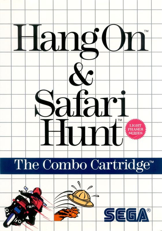 Portada del juego Hang On & Safari Hunt. En ella se ve el título en letras negras, una banda azul con la frase "The Combo Cartridge" y en la parte inferior izquierda una moto y la zarpa de un tigre atacando un salacot.