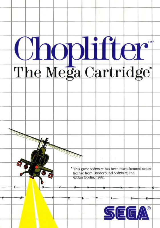 Portada del videojuego Choplifter. En la parte superior aparece el título en letras azules. En la parte inferior izquierda un helicóptero de combate proyecta una luz. Toda la parte inferior está recorrida por dos lineas de alambre de espino.