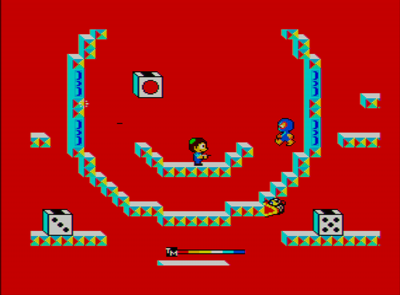 Captura de pantalla de Teddy Boy para Master System. En ella se ve al protagonista así como a varios enemigos, la barra de tiempo y algunos generadores de enemigos en forma de dado. El diseño del mapa forma una cara a la que le falta un ojo.