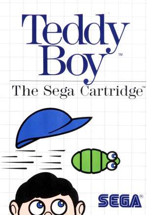 Portada del videojuego Teddy Boy. En ellas se ve una oruga volando a gran velocidad entre la cabeza de un niño y una gorra azul.