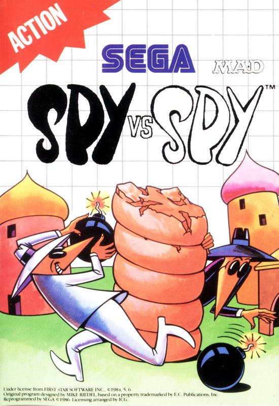 Portad del videojuego Spy vs Spy. En ella se ve a un espía vestido de blanco rodeando una columna para poner una bomba en la espalda de un espía vestido de negro. El espía vestido de negro está soltando una bomba a los pies del espía vestido de blanco.