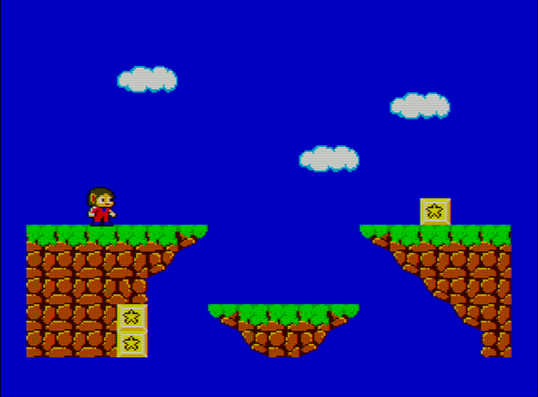 Captura del videojuego Alex Kidd in Miracle World. En ella vemos al protagonista sobre una plataforma que simula un acantilado. Hay una obertura hacia abajo y varios bloques amarillos con una estrella dibujada.