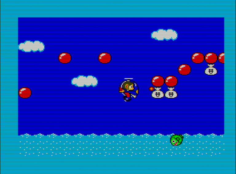 Captura del videojuego Alex Kidd in Miracle World. En ella vemos al protagonista volando con un helicóptero de pedales. En el cielo hay diversos bloques rojos y bolsas de dinero bajo los mismos. En la parte inferior una piraña hace de enemigo.