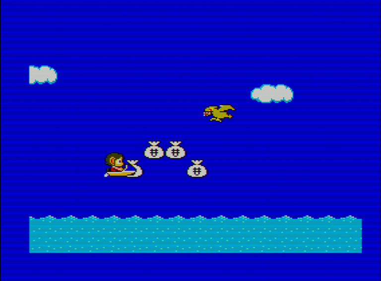 Captura del videojuego Alex Kidd in Miracle World. En ella vemos al protagonista sobre una lancha motora. La lancha está en el aire a punto de recoger una bolsa de dinero. En el cielo hay un pájaro que hace de enemigo.