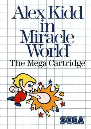 Portada del videojuego Alex Kidd in Miracle World. En ella vemos el título con grandes letras azules. En la parte inferior izquierda, un niño rubio de piel muy clara y ojos azules vestido con un mono rojo y zapatos azules, lanza un gran puñetazo contra una explosión. El puño es del tamaño de su cabeza.