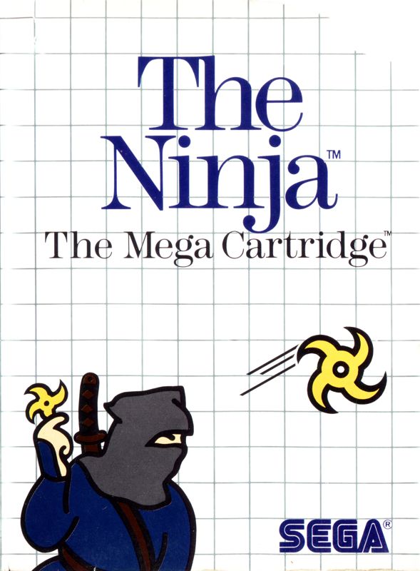 Portada del videojuego The Ninja. En la parte superior vemos el título en grandes letras azules. En la inferior hay un ninja vestido en colores oscuros que lanza un gran shuriken de color amarillo.