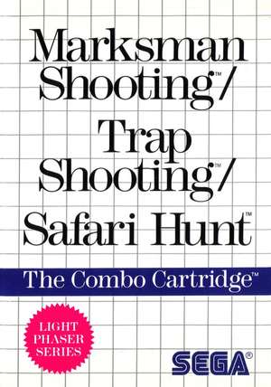 Portada del videojuego Maksman Shooting / Trap Shooting / Safari Hunt. En la parte superior aparecen los tres títulos en grandes letras negras. Justo debajo se ve una linea azul con la frase "The Combo Cartridge" Abajo a la izquierda hay un sello rosa con la frase "Light Phaser Series" en su interior.