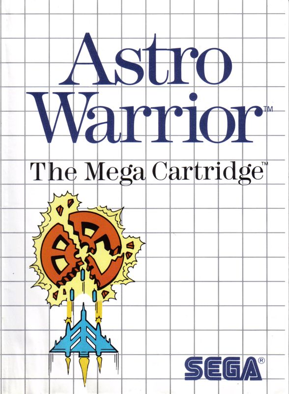 Portada del videojuego Astro Warrior. En la parte superior aparece el título en grandes letras azules. En la parte inferior izquierda una nave espacial azul hace explotar lo que parece una rueda de carro naranja.