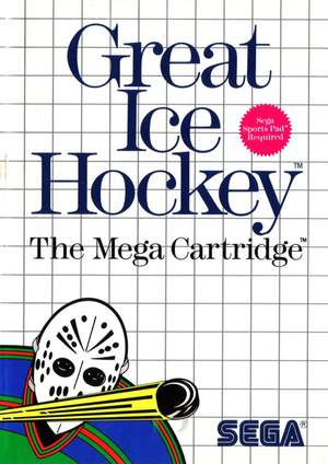 Portada del videojuego Great Ice Hockey. En la parte superior aparece el título en grandes letras azules. En la inferior izquierda un portero de hockey hielo ve pasar un puck frente a sus ojos.