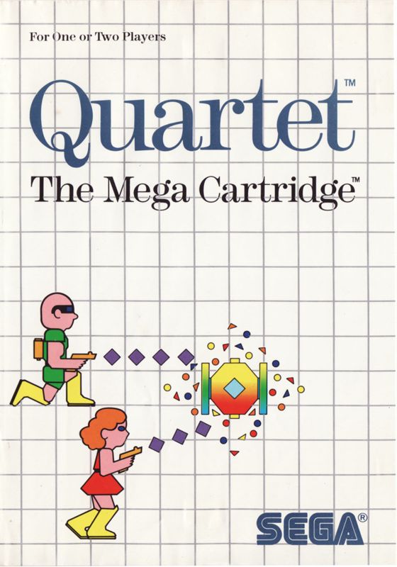 Portada del videojuego Quartet. En la parte superior vemos el título en grandes letras azules. En la parte inferior, un hombre y una mujer disparan a lo que parece un robot con forma de estrella y muchos colores.