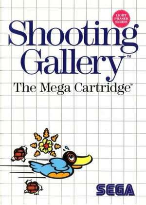 Portada de Shooting Gallery. En la parte superior se lee el título en grandes letras azules. En la parte inferior un pato azul esquiva disparos.