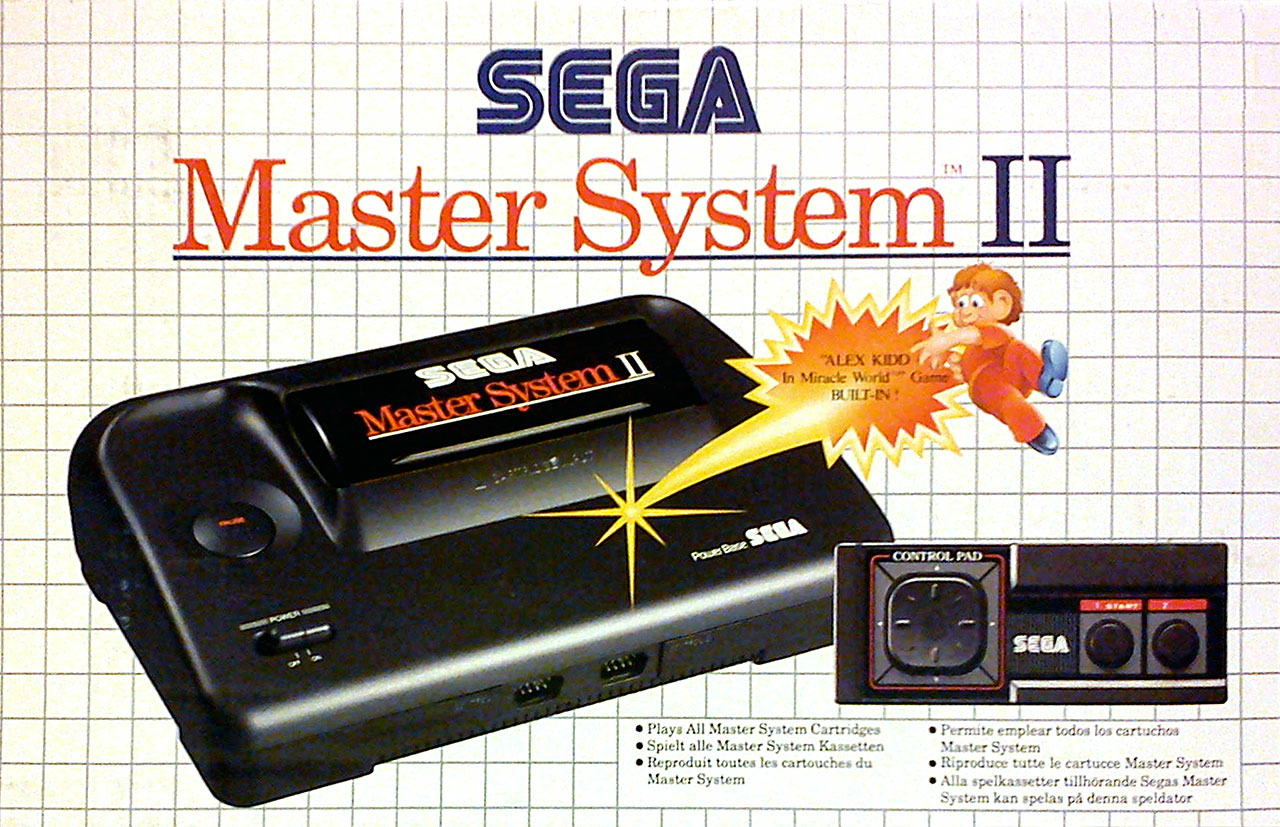 Embalaje europeo de la Master System II indicando que incluye el juego ALEX KIDD In Miracle World en memoria y mostrando un Control Pad.