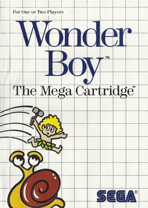 Portada de Wonder Boy. En la parte superior vemos el título. En la parte inferior un cavernícola con un hacha, salta por encima de un carcol.