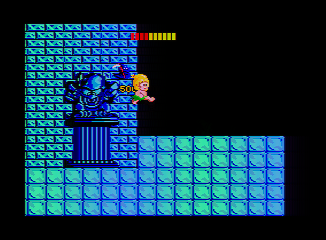 Captura del videojuego WonderBoy. Un cavernícola salta mientras le persigue una pequeña muerte, guadaña en ristre.