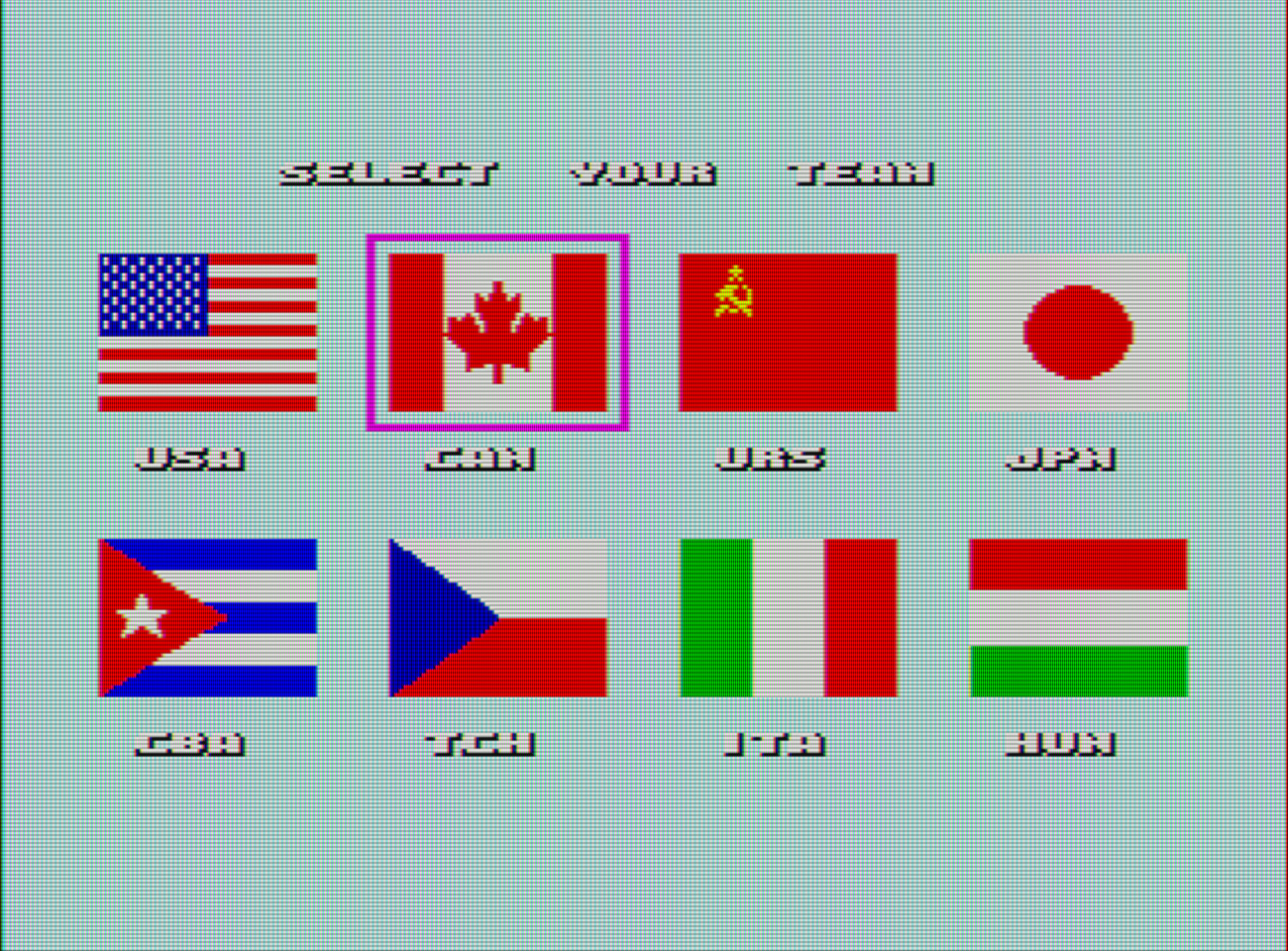 Captura de Great Baskeball con las banderas de EEUU, Canadá, la URSS, Japón, Cuba, Checoslovaquia,  Italia y Hungría.