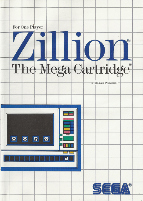 Portada de Zillion. El la parte superior se ve el título En la parte inferior se ve lo que parece un ordenador de diseño retrofuturista. En la pantalla tiene un código formado por cuatro símbolos.