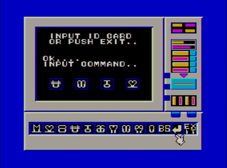 Captura del juego Zillion. En ella aparece un ordenador de estilo retrofuturista con un código formado por cuatro caracteres que recuerdan a cosas.