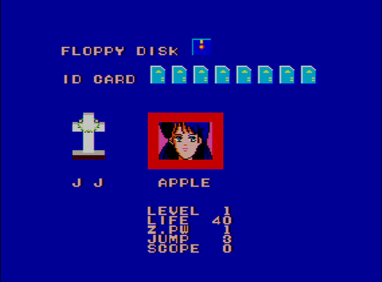 Captura del juego Zillion. En ella vemos un diskette, ocho tarjetas de identificación, una cruz blanca con una corona de flores bajo la que pone J J y un dibujo de una chica bajo el que pone Apple.