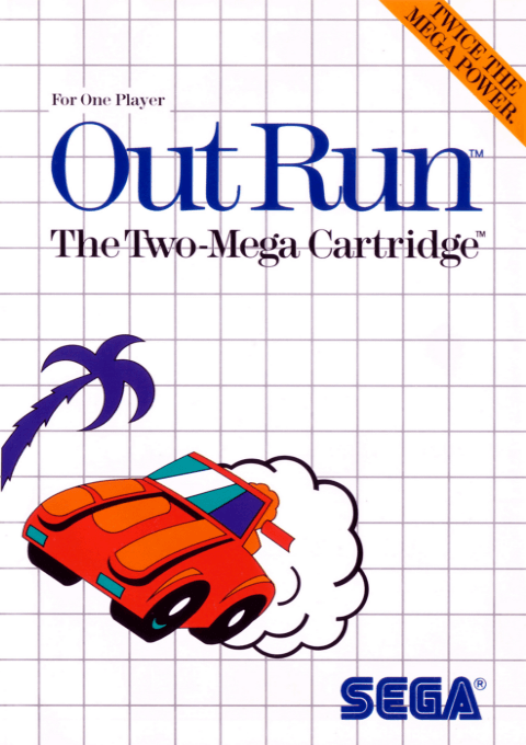 Portada de Out Run. El la parte superior se ve el título  En la parte inferior, la caricatura de un deportivo rojo pasa junto a una palmera dejando atrás una gran nube de humo blanco.