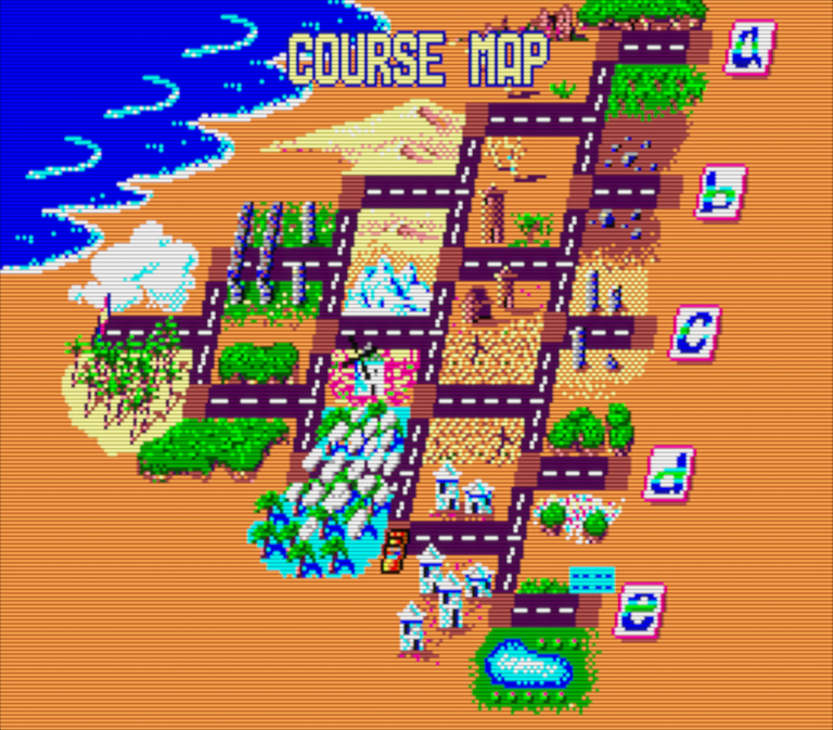 Captura del juego Our Run. Un mapa en forma de árbol presenta un árbol de carreteras. Todas las carreteras se van ramificando desde un punto hasta llegar a cinco diferentes. Sobre el mapa se ven dibujos que representan los diferentes escenarios.