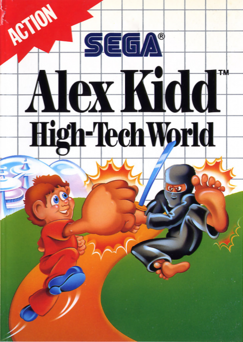 Portada de Alex Kidd High-Tech World. El la parte superior se ve el título En la parte inferior, un niño con un gigantesco puño golpea a un ninja con un no menos gigantesco pie.