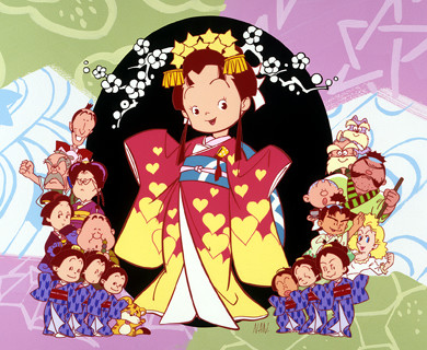 Dibujo de Antsume Hime. Una joven princesa sonriente, vestida de forma tradicional japonesa y rodeada de sus siervos. El kimono de la princesa lleva un estampado de corazones.