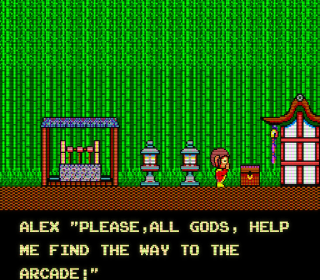 Alex rezando frente a un santuario. En la parte inferior se lee "Please, All gods, help me find the way to the arcade!"
