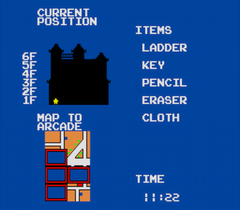 Mapa del castillo, listado de objetos, estado del mapa que estamos completando y la hora