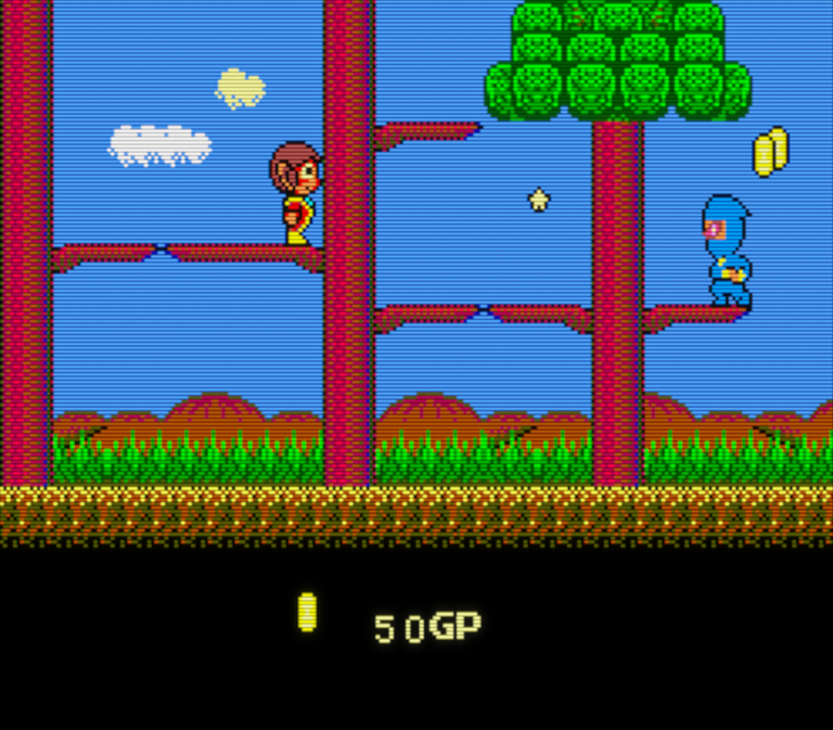 Alex en mitad de un bosque disparando shurikens a un ninja vestido de azul