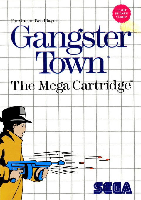 Portada de Gangster Town. El la parte superior se ve el título. En la parte inferior un hombre con gabardina y sobrero fedora agita una ametralladora Thompson