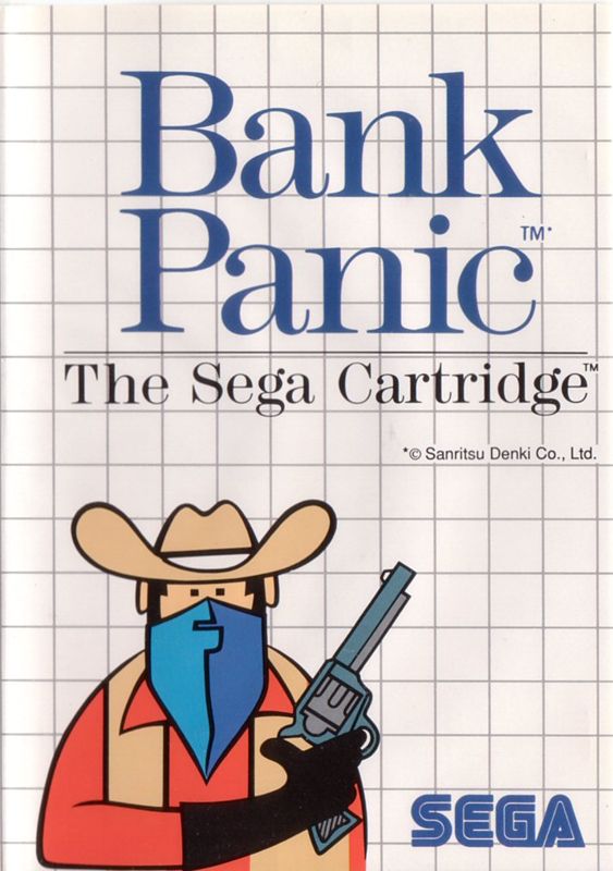 Portada de Bank Panic. En la parte superior se ve el título. En la parte inferior nos mira un vaquero con la cara tapada por un pañuelo y con un revolver en la mano.