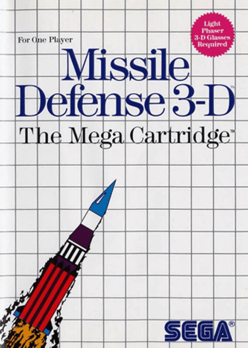 Portada de Missile Defense 3-D. En la parte superior se ve el título. En la parte inferior un misil intercontinental despega con aviesas intenciones.