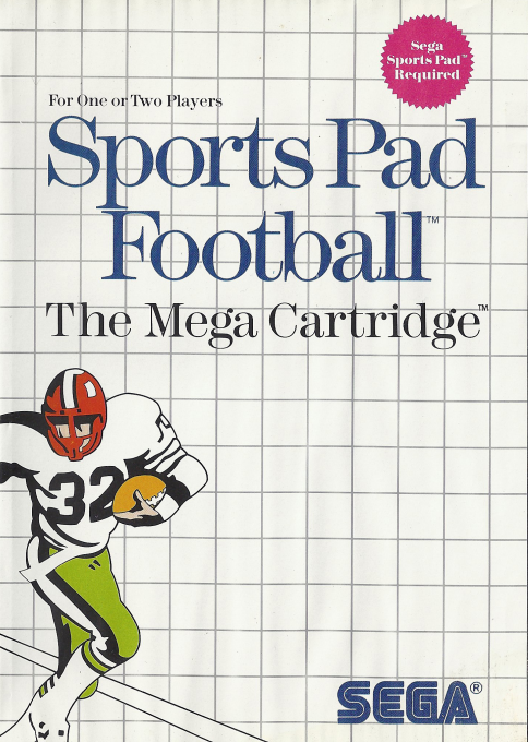 Portada de Sports Pad Football. En la parte superior vemos el título. Abajo a la izquierda un jugador de fútbol americano corre con el balón junto a la linea exterior.