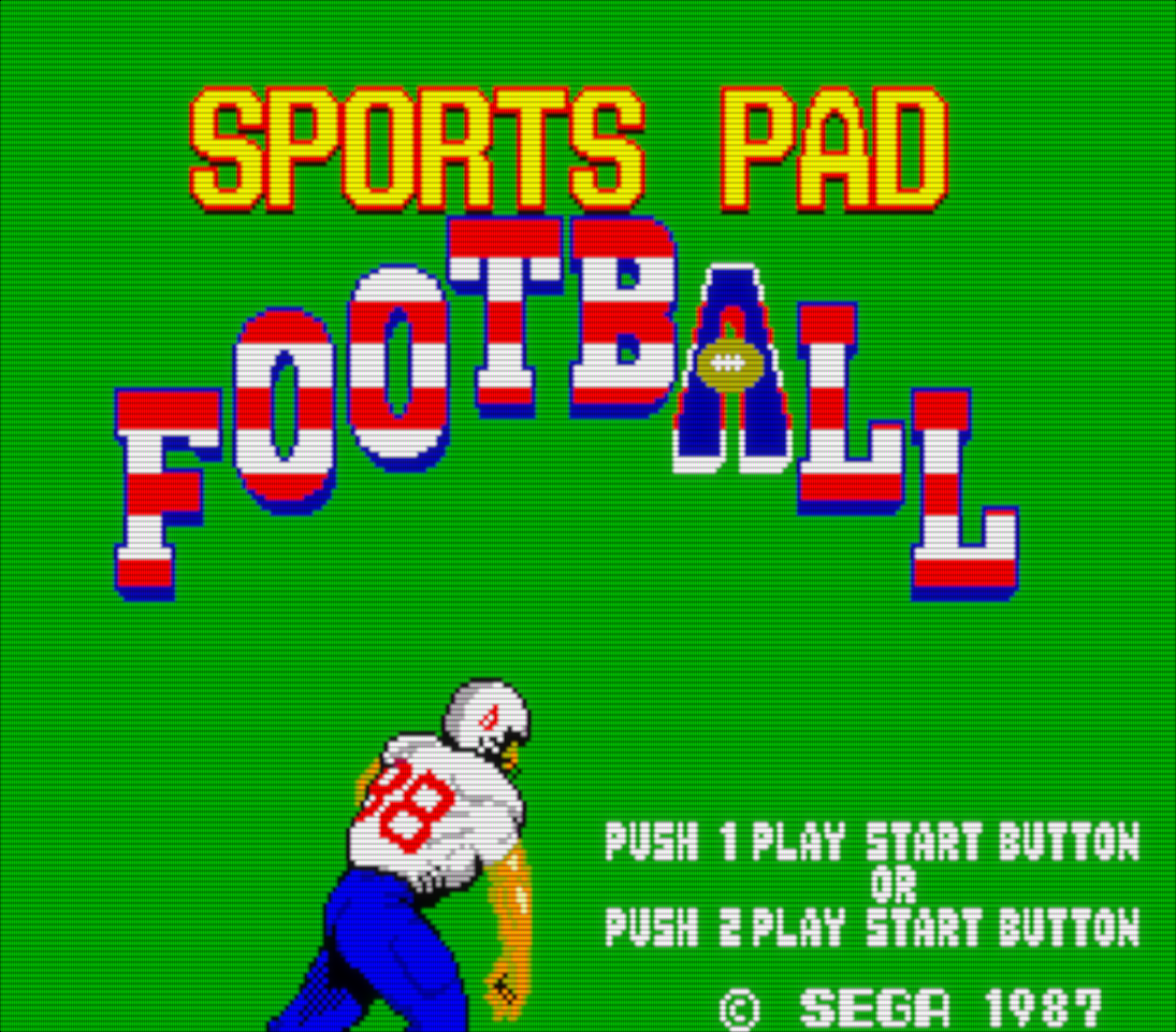 Imagen con el título Sports Pad Football. El palo central de la a mayúscula lo sustituye un balón de fútbol americano. Bajo las letras está el jugador que ha lanzado el balón.