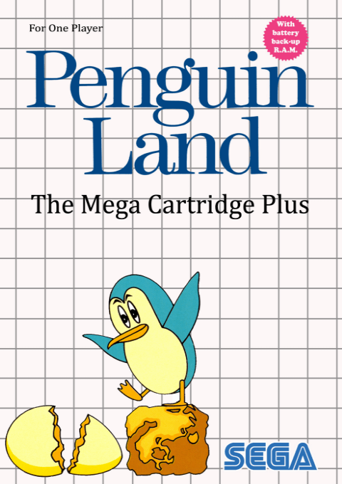 Portada de Penguin Land. En la parte superior se lee el título y el texto "With battery back-up R.A.M." En la parte inferior vemos un pingüino a la pata coja sobre un bloque de piedra. A sus pies hay un huevo roto.