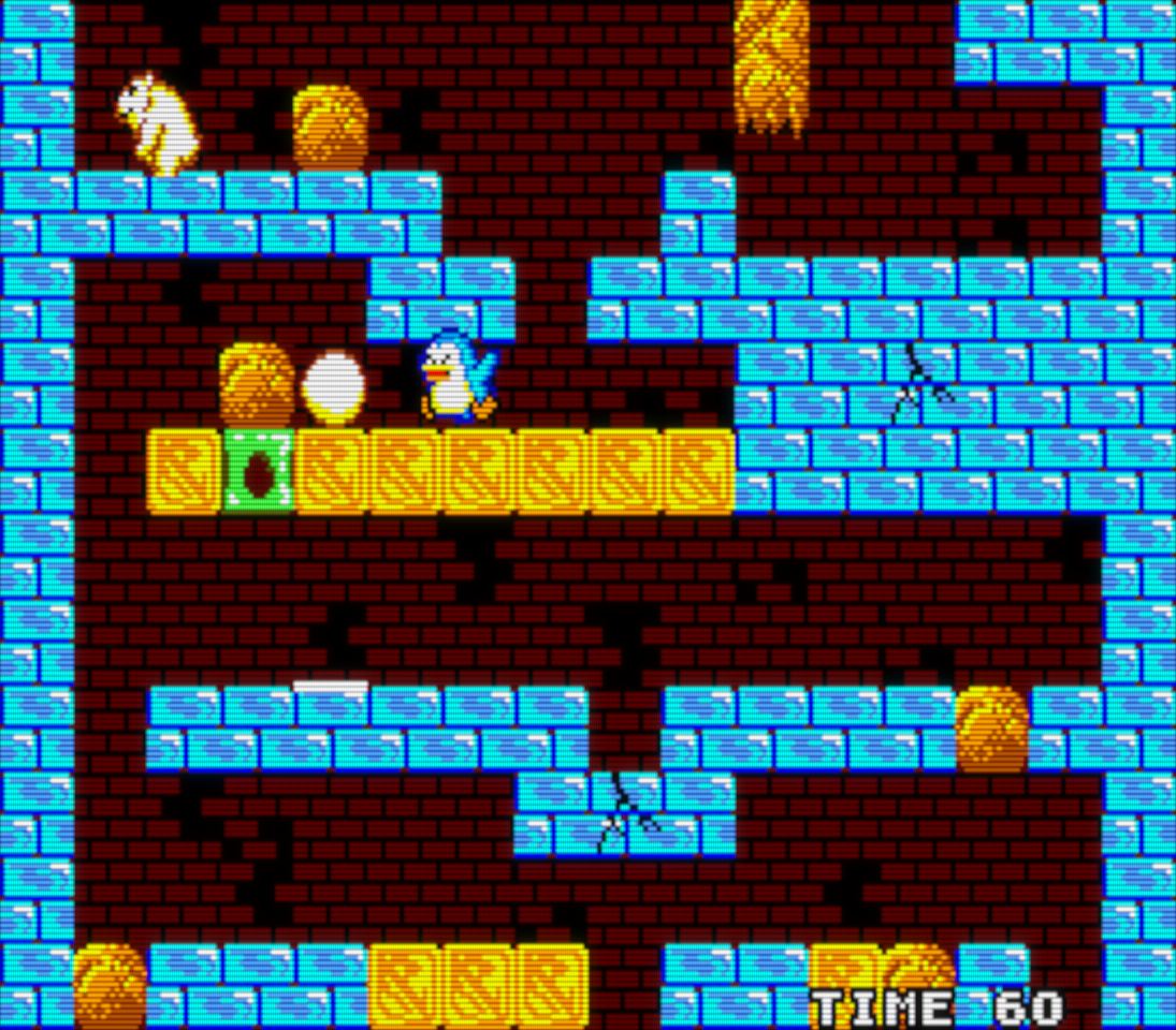 Captura donde se ve a nuestro pingüino protagonista saltando con cara de enfado. Su huevo está parado frente a una roca. Un oso polar recorre la parte superior.