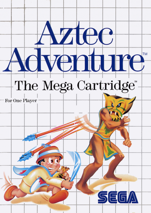 Portada de Aztec Adventure. En la parte superior se lee el título y el texto "The Mega Cartridge" En la parte inferior un hombre vestido con un poncho y una máscara monstruosa tira dos lanzas contra un niño que se agacha para esquivarlas. El niño lleva en sus manos un machete y una bolsa de dinero.