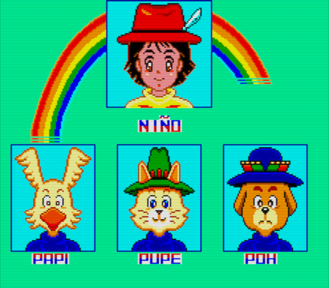 Captura donde vemos los retratos de Niño, Papi, Pupe y Poh. Niño lleva un sombrero rojo y un poncho. Papi es un pájaro y lleva un poncho. Pupe es un gato con poncho y un sombrero de punta. Poh es un perro con poncho y sombrero tipo bombín. El fondo de la captura es un arcoiris.