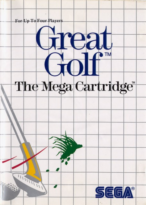 Portada de Great Golf. En la parte superior aparece el título en grandes letras azules. En la parte inferior, un palo de golf está a punto de golpear una bola mientras un trozo de cesped sale volando.